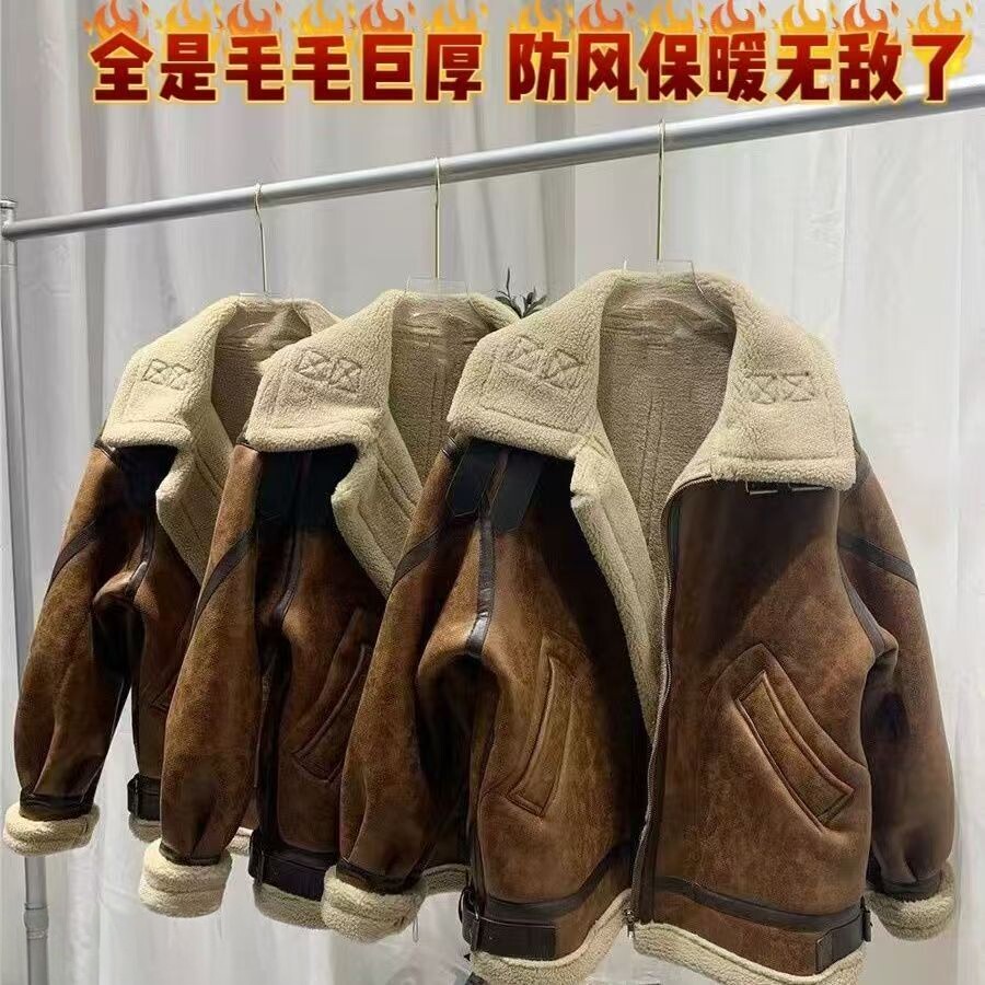 2025冬季皮毛一体男潮加绒加厚麂皮绒机车服重工男装大码宽松外套