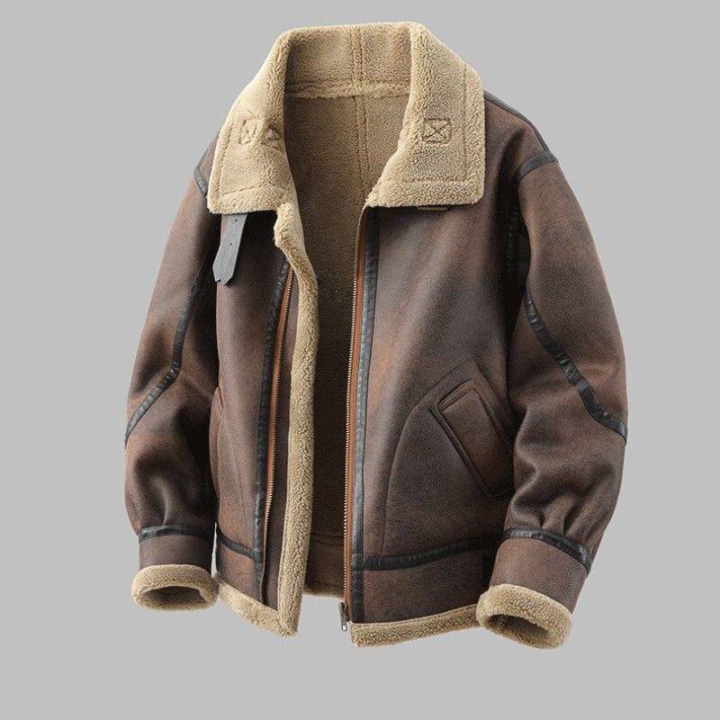 2025冬季皮毛一体男潮加绒加厚麂皮绒机车服重工男装大码宽松外套