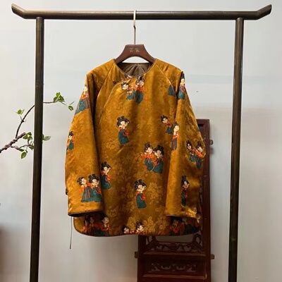 芸裳宽松型复古斜襟长袖桑蚕丝