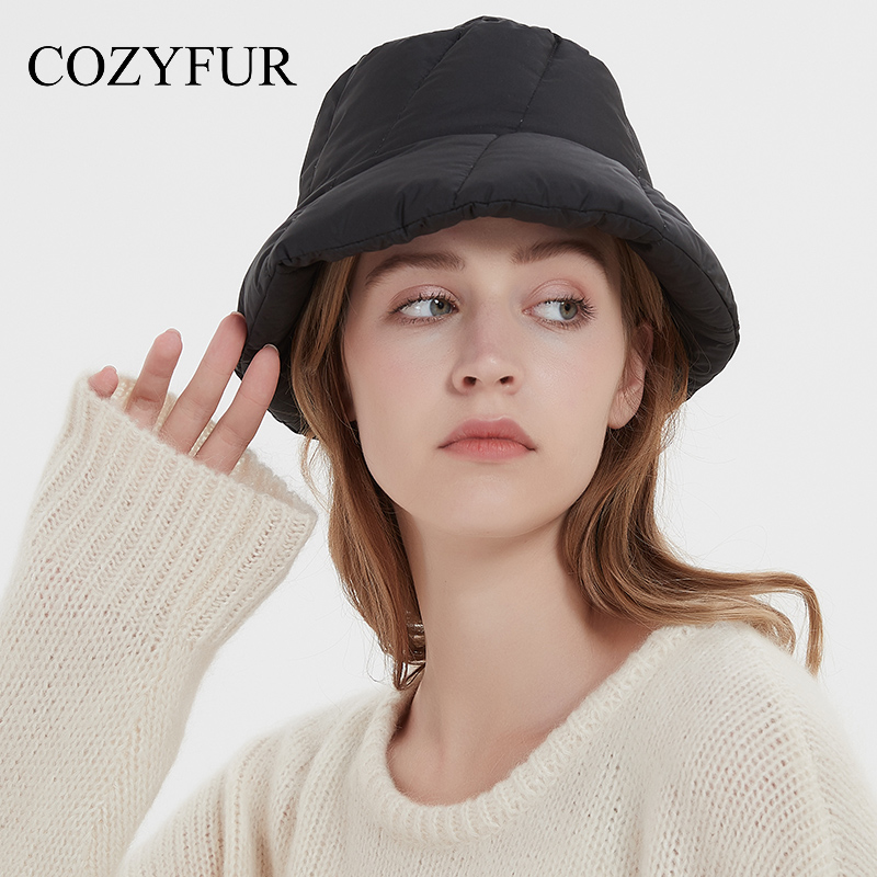 Cozyfur  渔夫帽女冬季丝绵加厚羽绒布盆帽韩版百搭帽子黑色潮酷