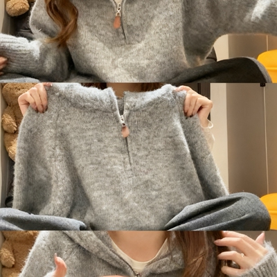 韩系高级感灰色连帽针织