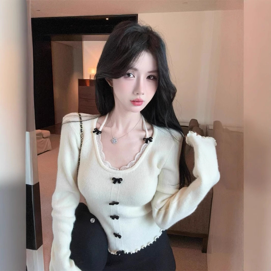 小香风蝴蝶结针织衫女秋冬纯欲挂脖上衣蕾丝打底衫内搭高级感上衣