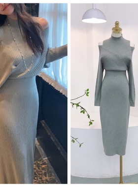 8158古早温柔露肩连衣裙秋冬季新款法式复古半高领收腰开叉长裙厚