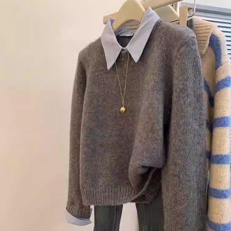灰色假两件polo衬衫领内搭毛衣女秋冬短款慵懒风宽松打底针织上衣