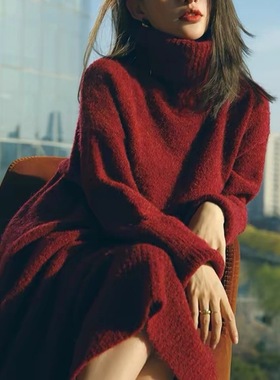 2025冬季新款女装气质慵懒配大衣中长款毛衣裙红色高领针织连衣裙