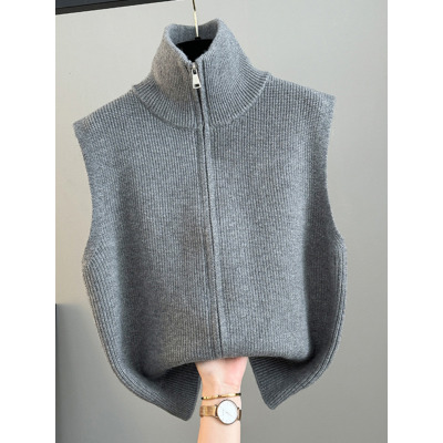 高领拉链针织开衫马甲女