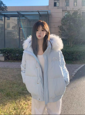 韩系大毛领连帽派克服羽绒棉衣女2025冬季新款巨好看奶蓝色面包服