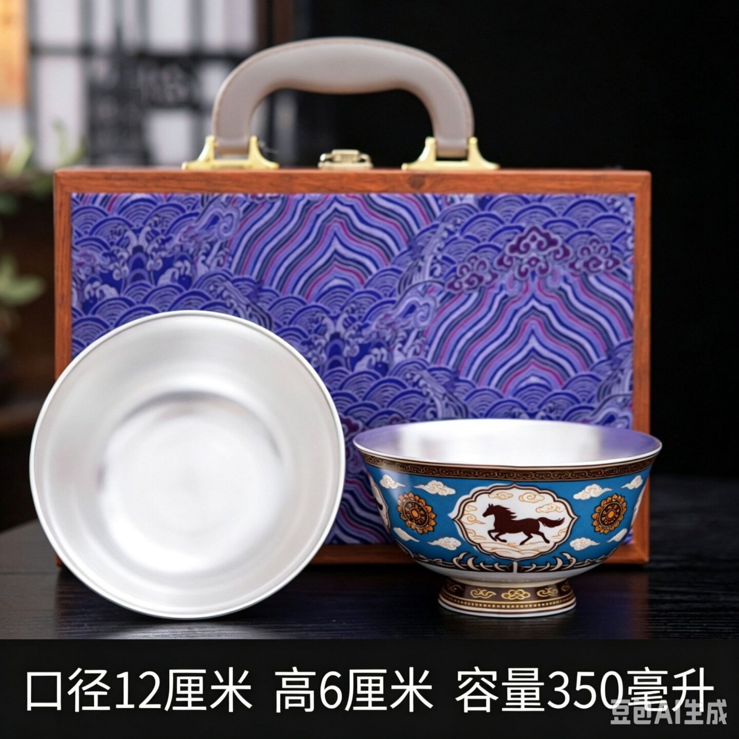 藏式马纹银高脚奶茶碗礼盒