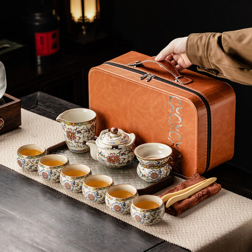 汝窑七彩缠枝莲便携旅行茶具套装