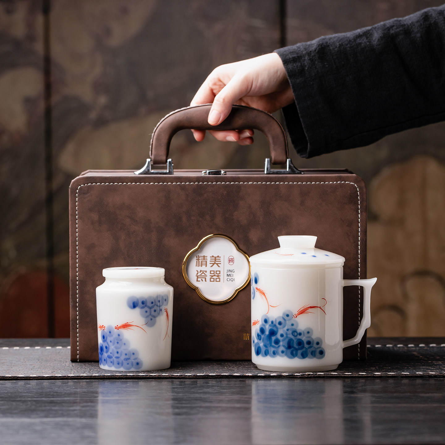 璞玉办公马克陶瓷杯个人专用泡茶杯带盖茶水分离茶杯送长辈礼盒装