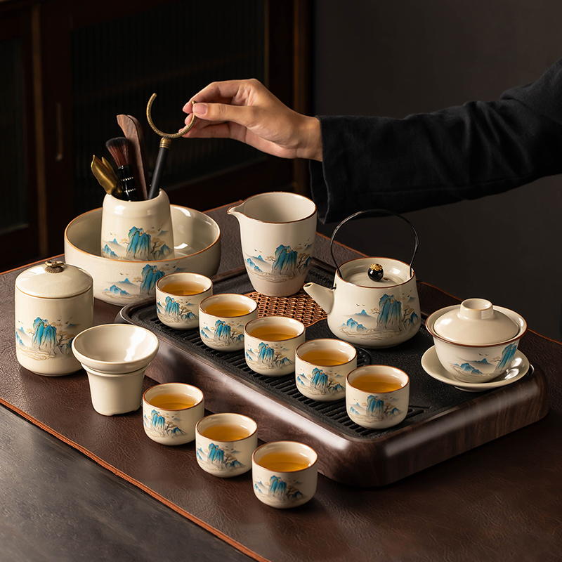 黄汝窑功夫茶具套装家用轻奢高档陶瓷提梁泡茶壶盖碗茶杯2025新款