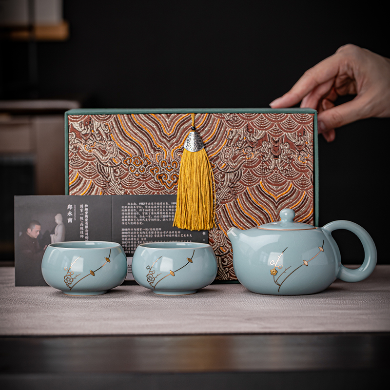 2025新款天青汝窑一壶两杯泡茶专用功夫茶具套装茶壶茶杯中式礼盒