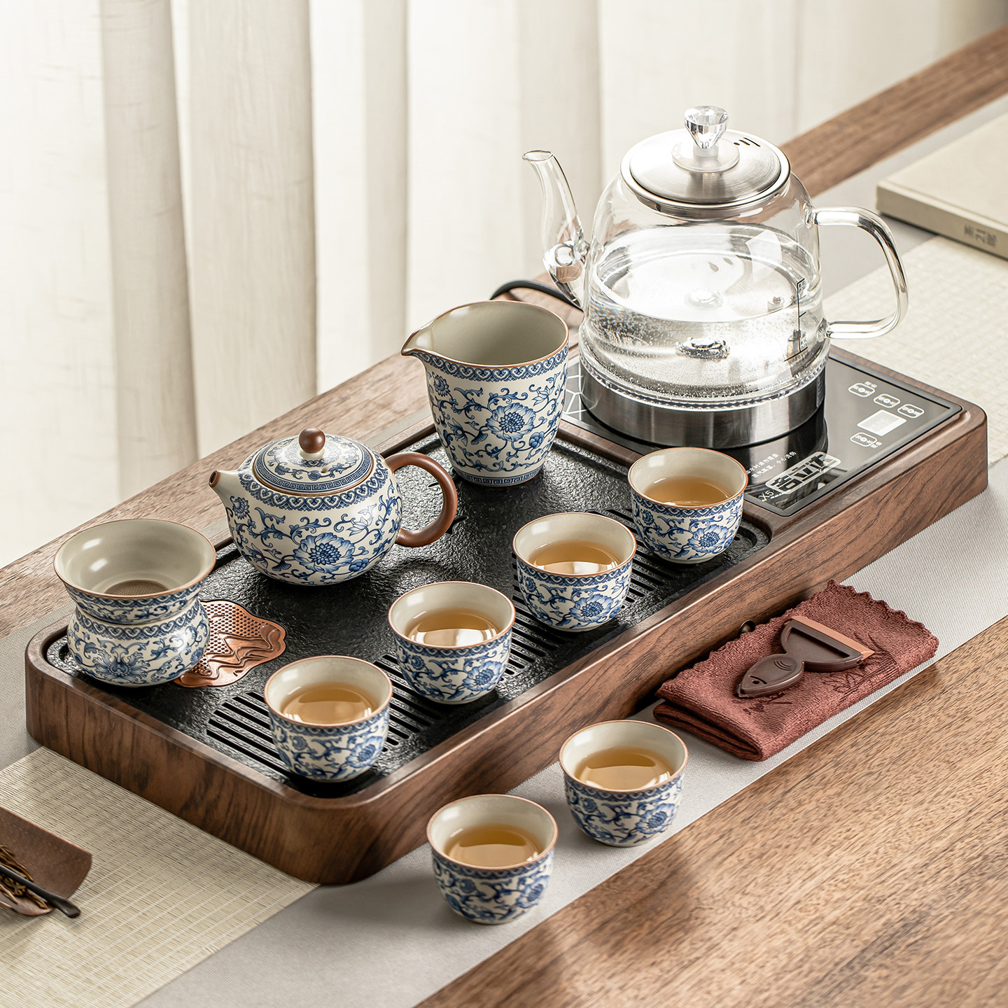 胡桃色茶韵流芳开窗磁石茶盘自动上水一体玻璃烧水壶茶具2026新款