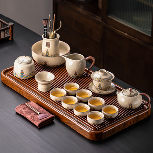 家用客厅高档泡茶壶陶瓷茶杯茶盘整套2025新款 黄汝窑功夫茶具套装