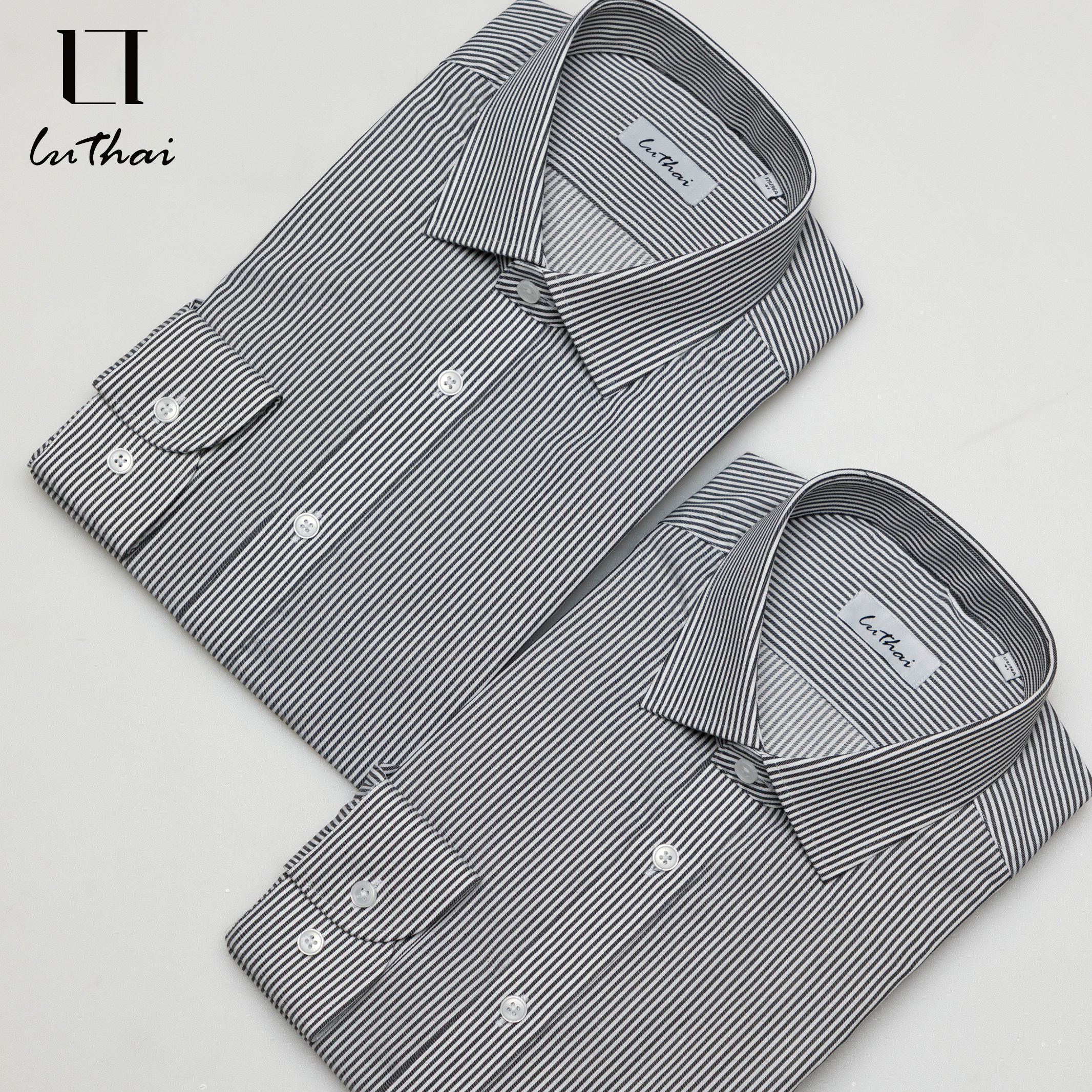 鲁泰2026年新款CVC抗皱商务黑白条纹衬衫常规款男士长袖衬衣上班