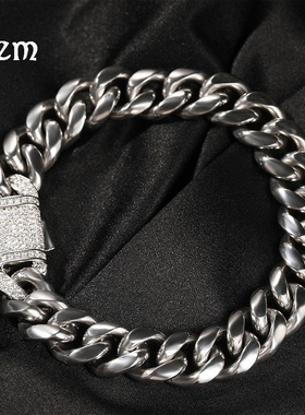 欧美不锈钢古巴链项链嘻哈男士潮流锆石弹簧扣扣头夸张粗款项链