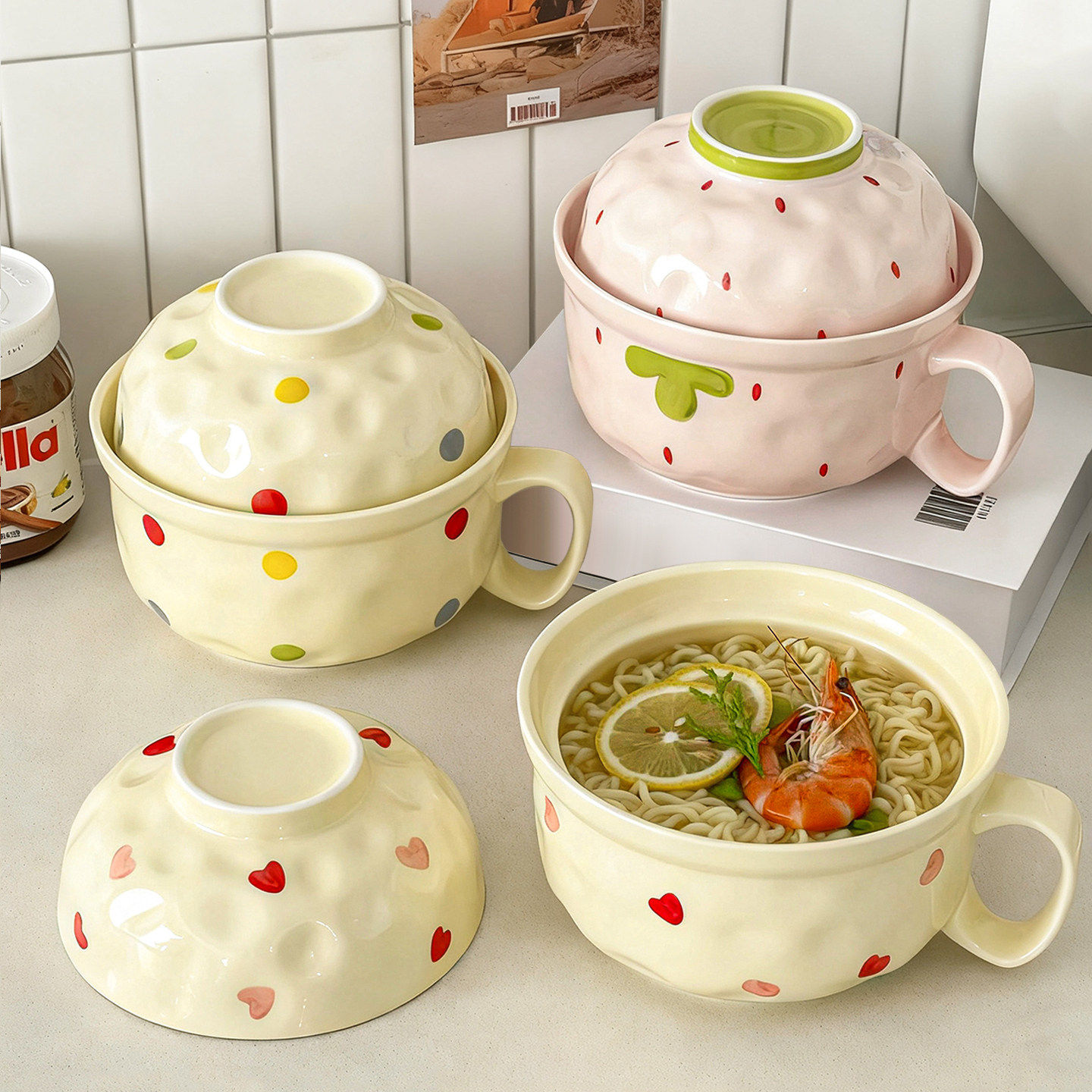 ins风陶瓷餐具带盖家用高颜值可爱泡面碗学生宿舍用方便面碗套装,餐饮具,泡面碗,淘宝优惠券,粉丝福利购,淘宝优惠卷