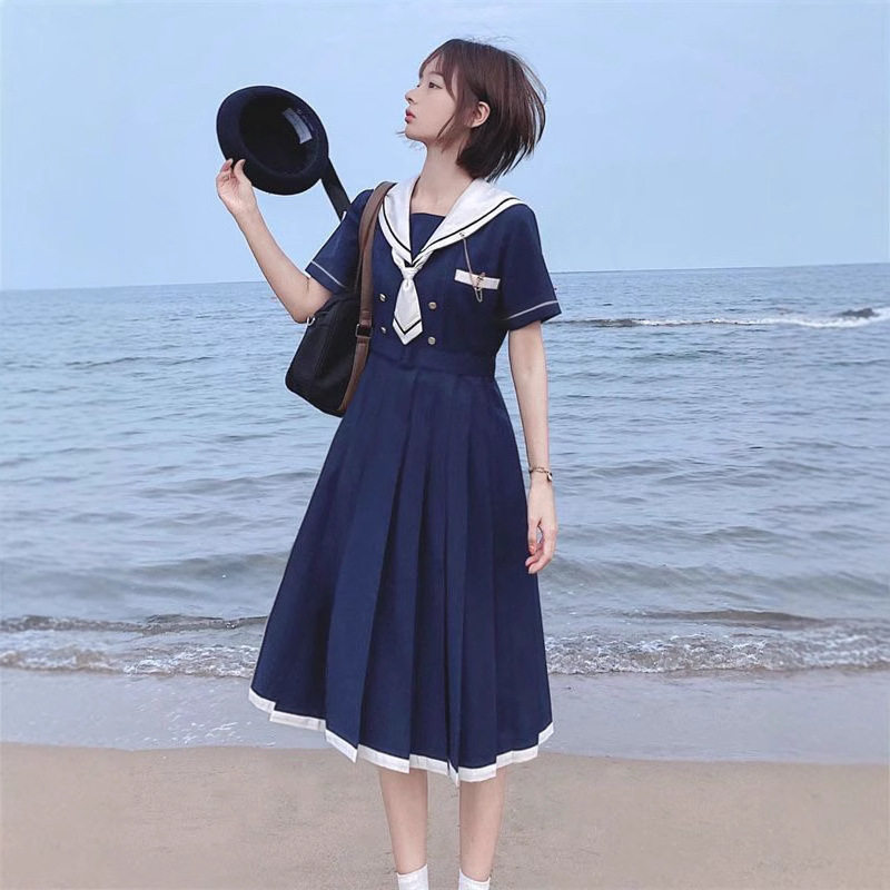 韩系航海风蝴蝶结海军领连衣裙女学生夏季JK制服水手服收腰a字裙