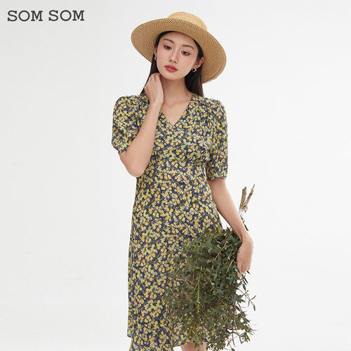 SOMSOM/索玛碎花连衣裙通勤气质洋气高端气质收腰V领裙子薄