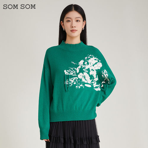 SOMSOM/索玛半高领绵羊毛针织衫女冬季休闲印花设计感保暖毛织衫