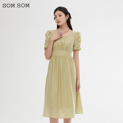SOMSOM/索玛法式方领褶皱气质收腰显瘦中长款百搭短袖连衣裙女夏