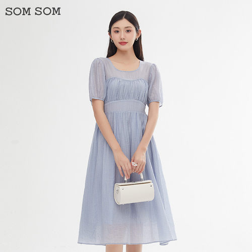 SOMSOM/索玛格子泡泡袖连衣裙女夏季高腰时尚百搭圆领中长裙