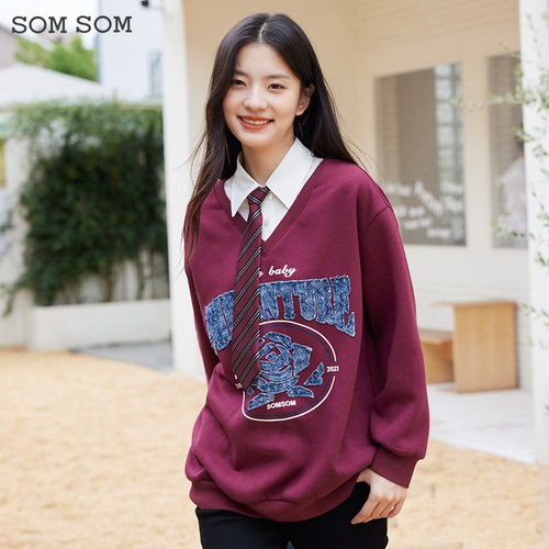 SOMSOM/索玛学院风Polo领毛衫女假两件拼色设计感百搭长袖针织衫