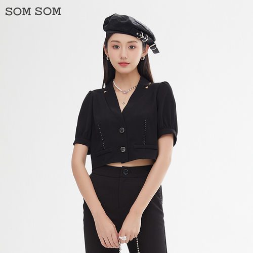 SOMSOM/索玛黑色短袖外套女夏季薄款显瘦休闲百搭短款上衣
