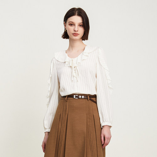 SOMSOM/索玛秋季新款复古荷叶边系带甜美温柔通勤长袖条纹衬衫