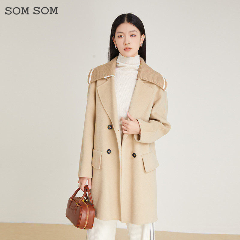 SOMSOM/索玛针织大翻领双面呢纯羊毛呢子大衣女中长款毛呢外套冬
