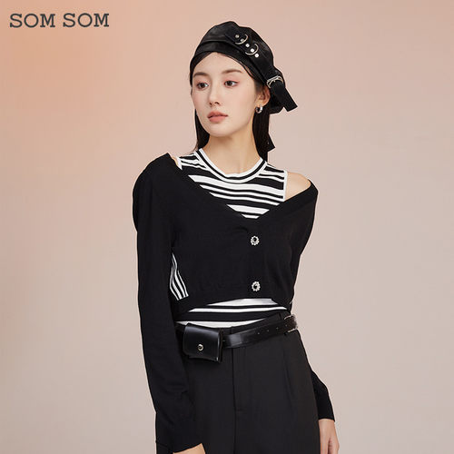 索玛休闲百搭拼接毛织衫