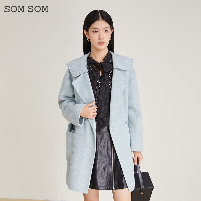 SOMSOM/索玛收腰西装领绵羊毛呢子大衣女中长款双面呢毛呢外套冬