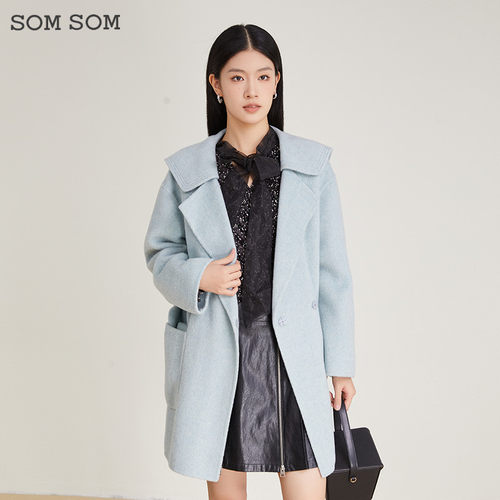 SOMSOM/索玛收腰西装领绵羊毛呢子大衣女中长款双面呢毛呢外套冬