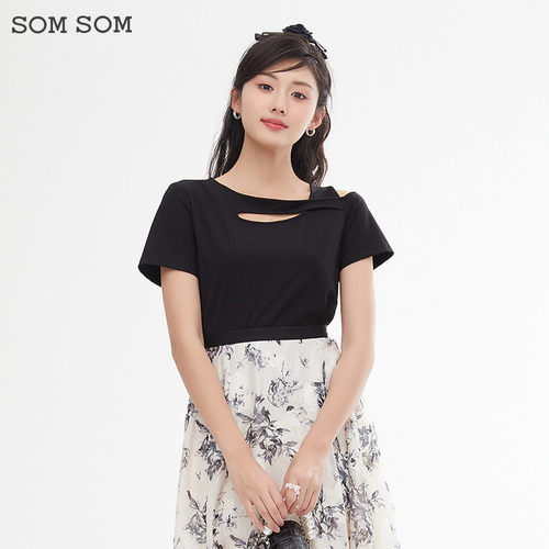 SOMSOM/索玛美式露肩短款上衣女夏季设计感独特露肩收腰短袖T恤薄