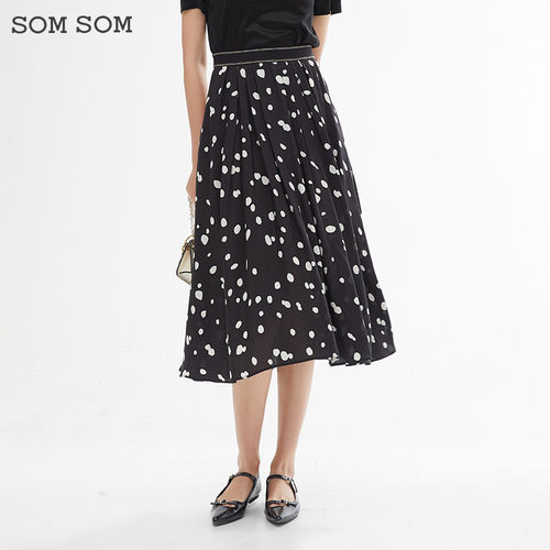 SOMSOM/索玛气质半身裙女夏季高腰波点印花a字裙黑色显瘦中长裙子