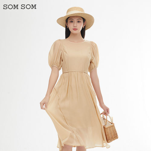 SOMSOM/索玛假两件短袖连衣裙内搭吊带裙圆领高腰通勤A字裙子女夏