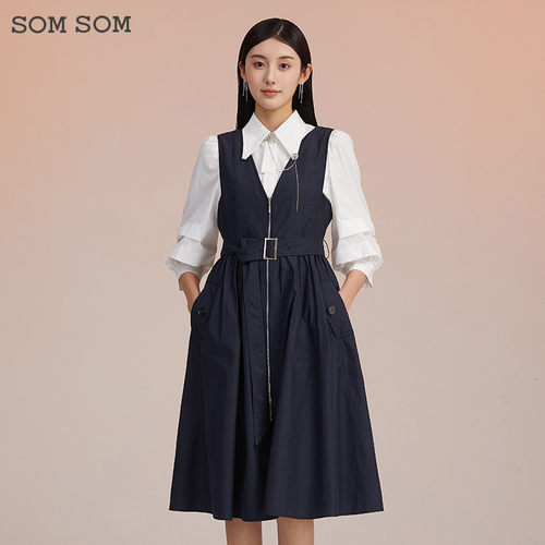 SOMSOM/索玛雪纺连衣裙女春季无袖中长款V领气质收腰显瘦减龄裙子