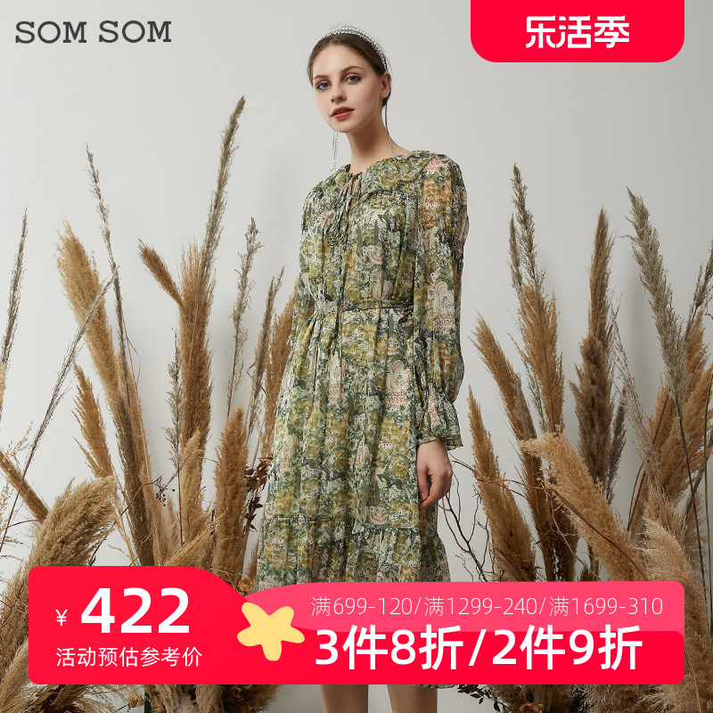 SOMSOM/索玛秋季新款长袖连衣裙女收腰中长款碎花雪纺裙