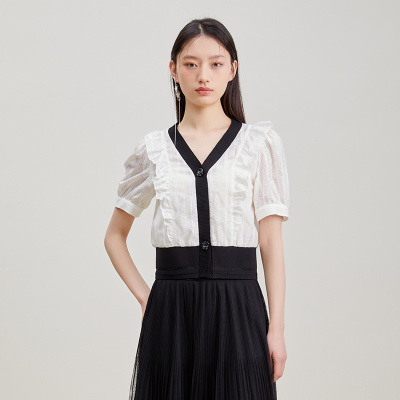 SOMSOM/索玛夏季新款法式复古极简白撞色V领泡泡袖上衣女短袖优雅