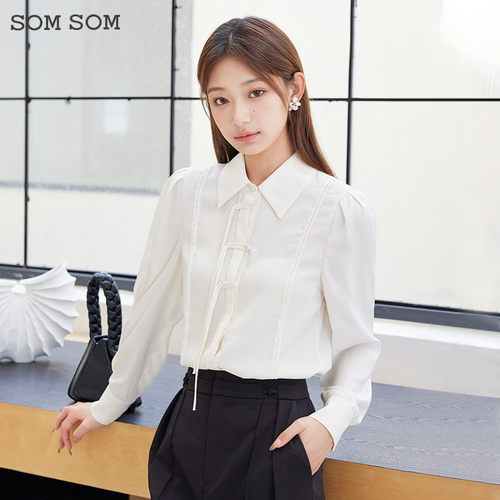 SOMSOM/索玛新中式国风盘扣长袖衬衫女设计感小众纯色宽松衬衣春