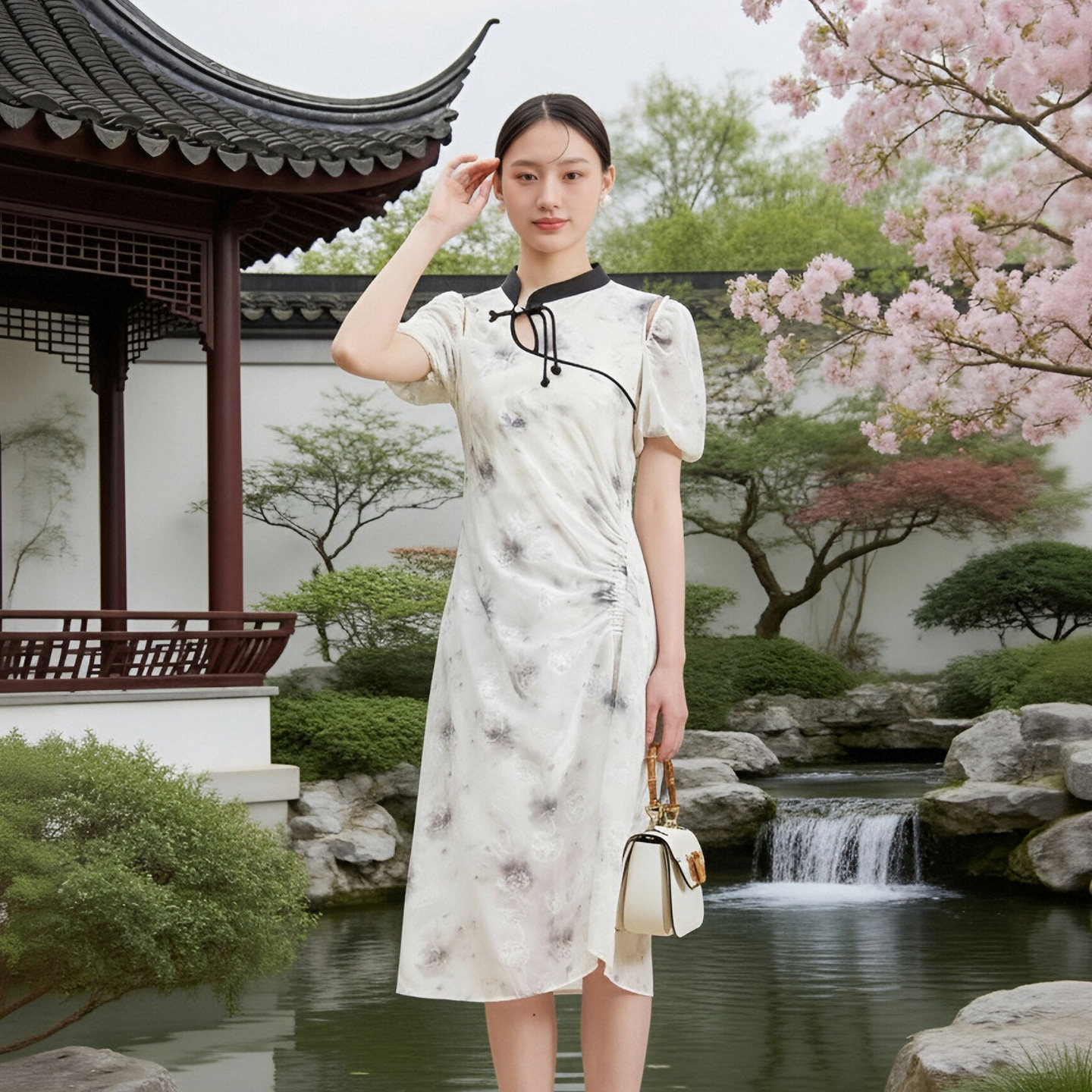 SOMSOM/索玛夏季新款新中式连衣裙女立领盘扣泡泡袖不规则下摆裙