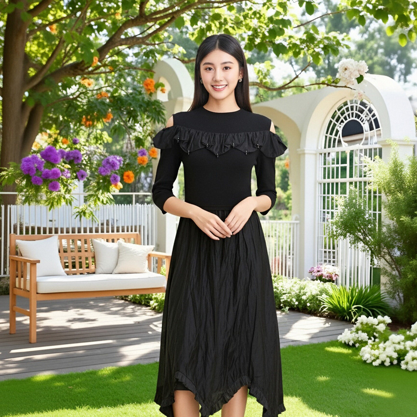 SOMSOM/索玛春季新品黑色不规则裙摆荷叶边露肩中长款气质连衣裙
