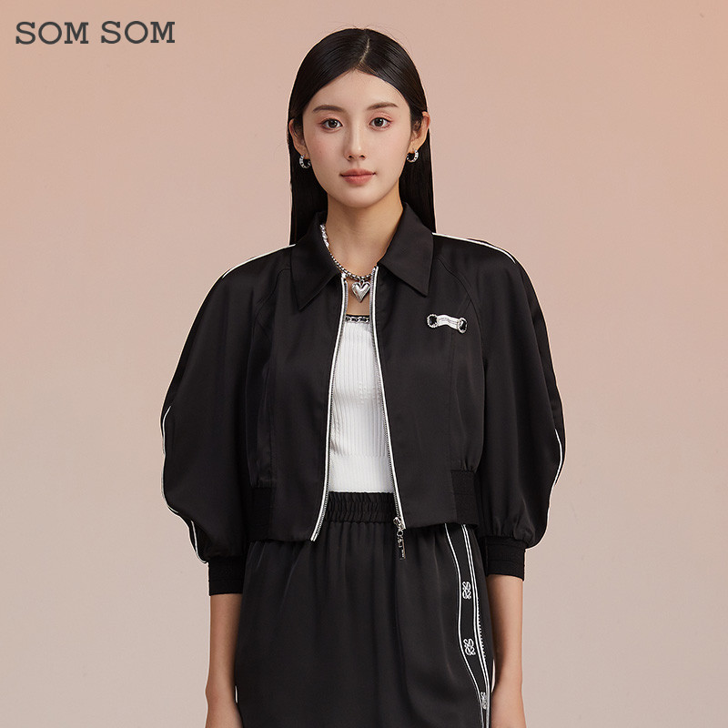 SOMSOM/索玛美式复古短款拉链外套女春秋季拼色立领夹克休闲上衣