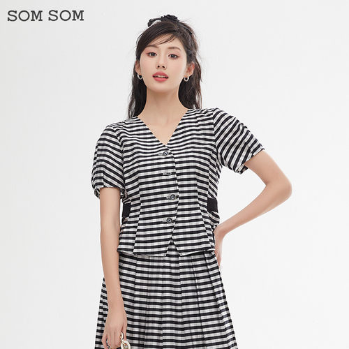 SOMSOM/索玛v领短款衬衣女夏季短袖气质格子衬衫上衣减龄洋气小衫