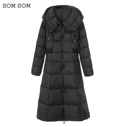 SOMSOM/索玛冬季长款过膝羽绒服女加厚保暖鹅绒连帽宽松显瘦外套