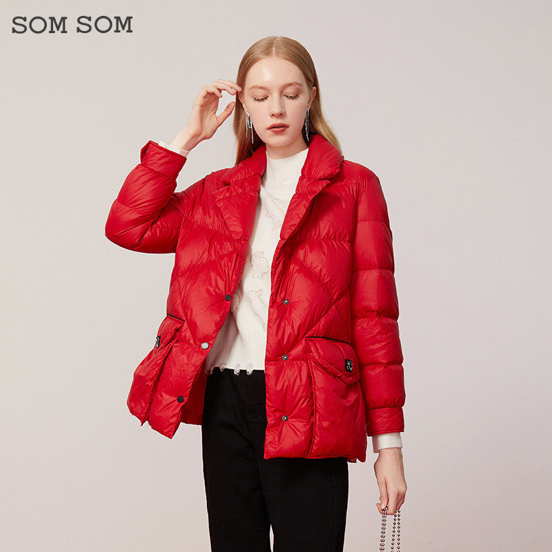 SOMSOM/索玛冬季时尚西装领显瘦羽绒服女中长款鸭绒职业工作外套