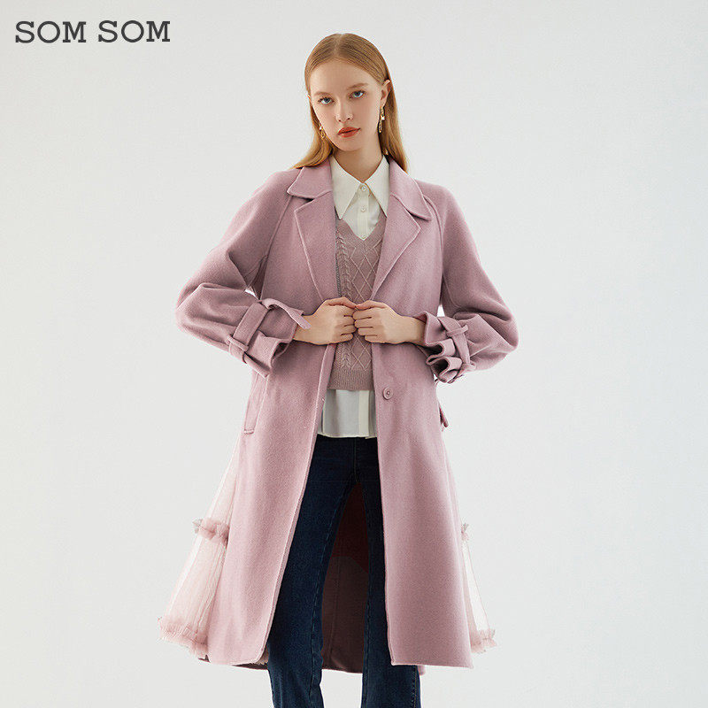 SOMSOM/索玛气质高端双面毛呢大衣女长款系带纯羊毛呢子外套秋冬