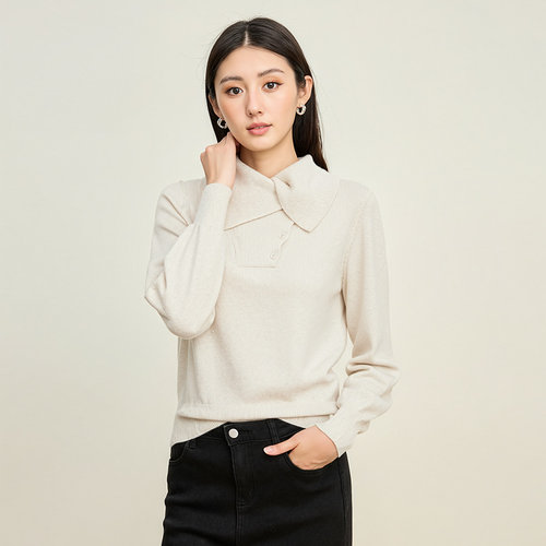 SOMSOM/索玛冬季新品米白色复古翻领温柔气质内搭针织衫毛衣
