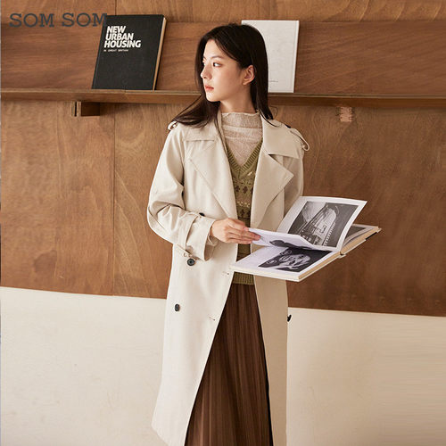 SOMSOM/索玛春秋季时尚百搭双排扣宽松长款过膝风衣英伦风外套女