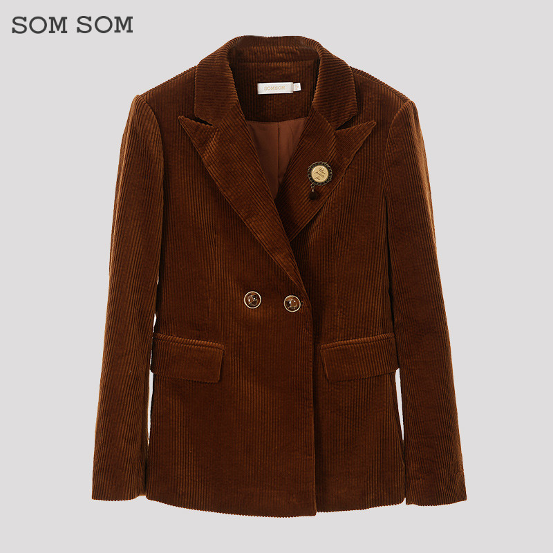 SOMSOM/索玛秋季新款复古气质纯棉西装领中长款外套（不配胸针）